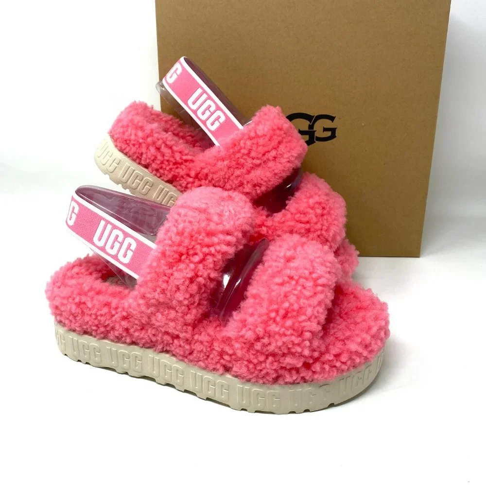 UGG Logo Women Size 1120876 PKRS OH FLUFFITA Platform Slide Pink Slippers Sandal - Picture 3 of 9